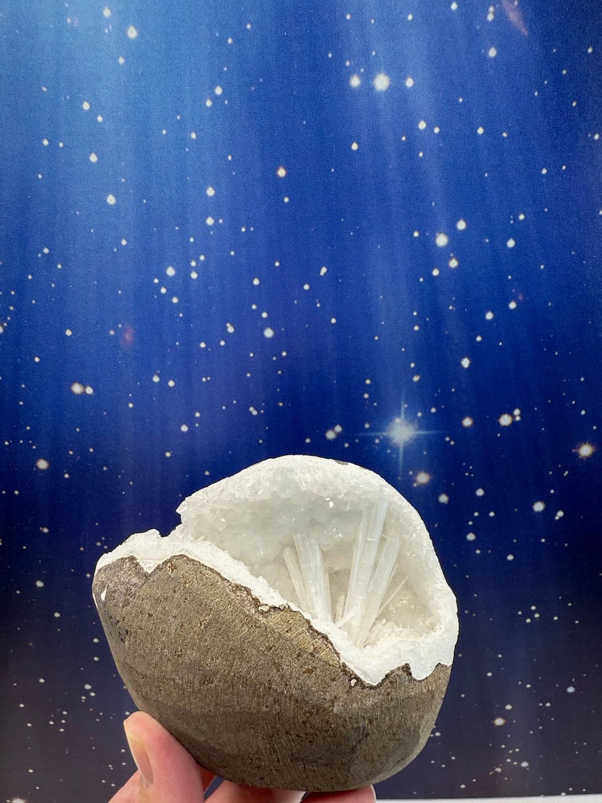 Scolecite Spray in Quartz Geode