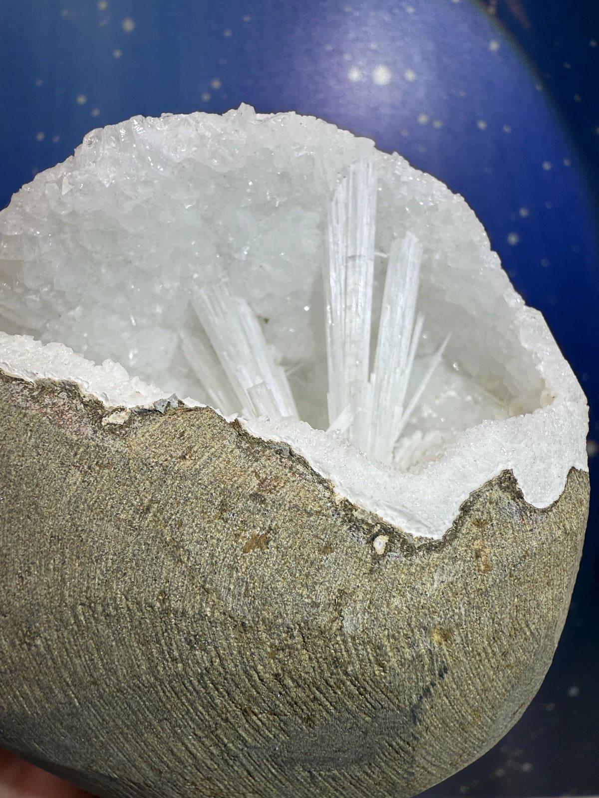 Scolecite Spray in Quartz Geode