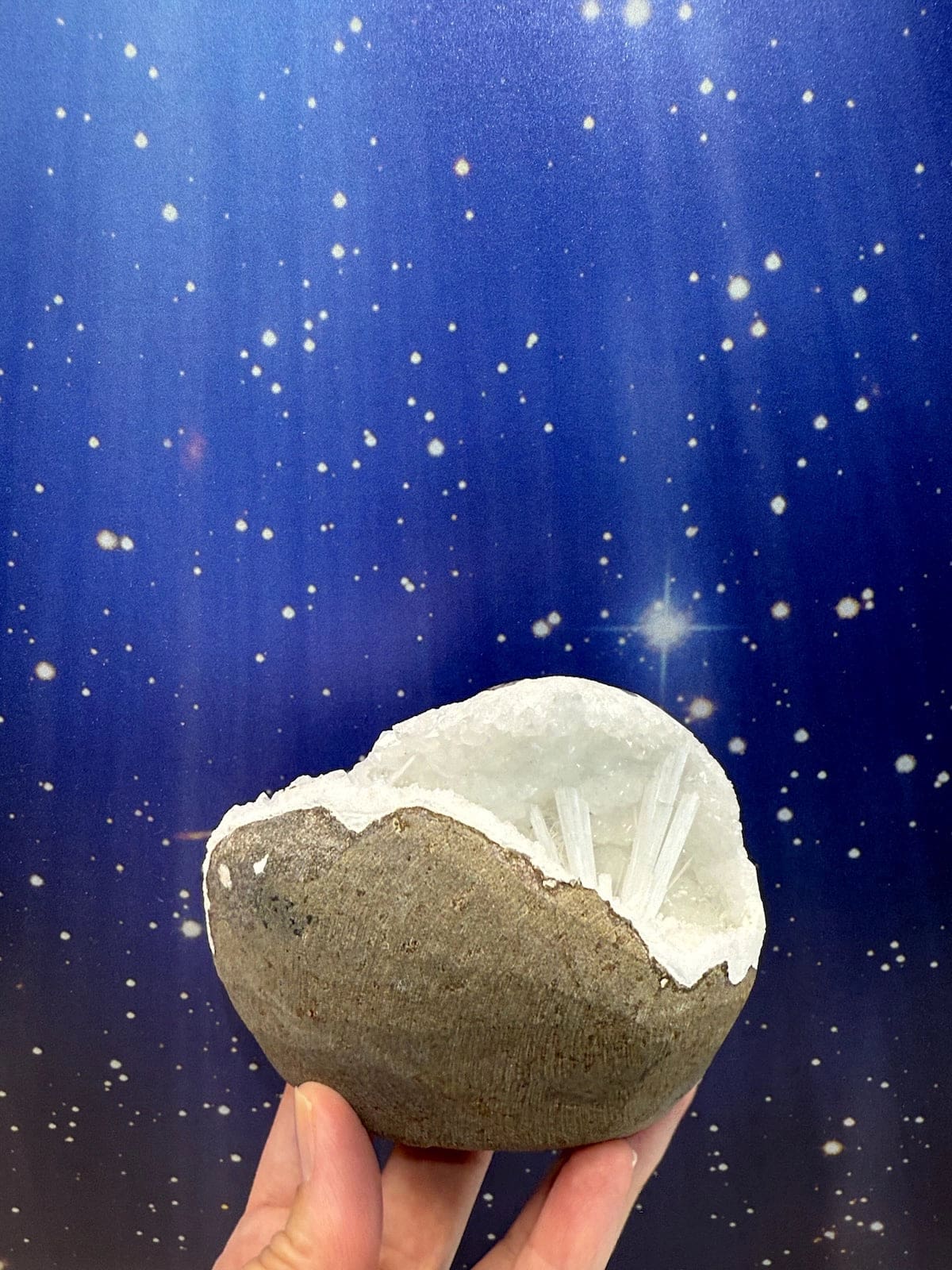 Scolecite Spray in Quartz Geode