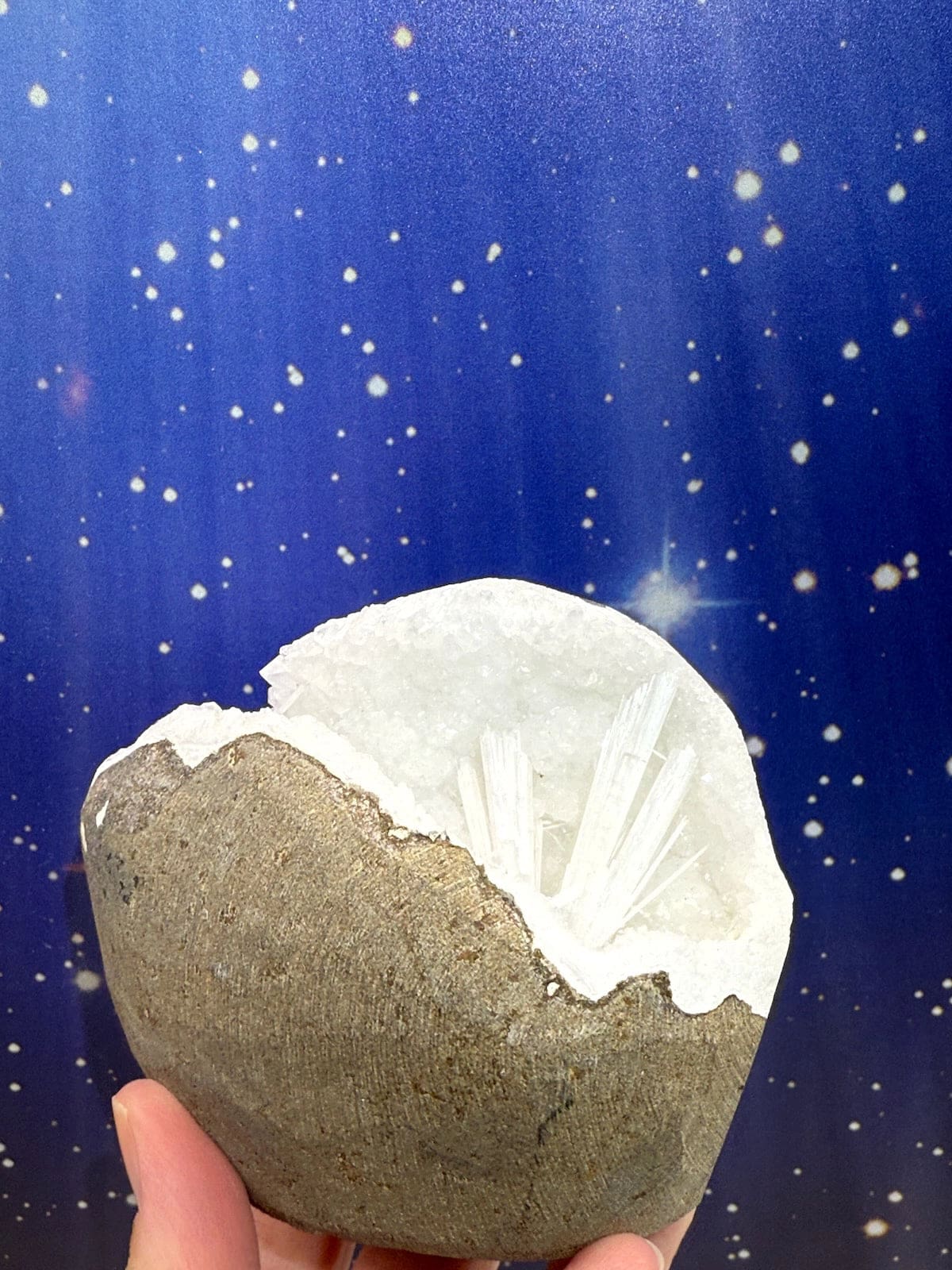 Scolecite Spray in Quartz Geode